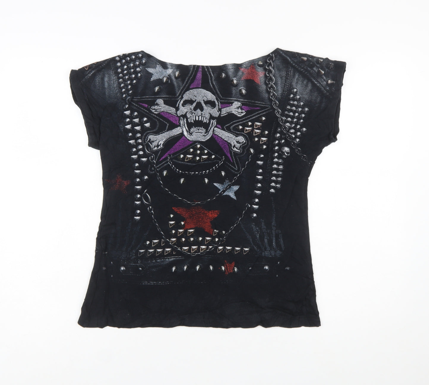 Spiral Womens Black Gothic Skull Studded T-Shirt Size L
