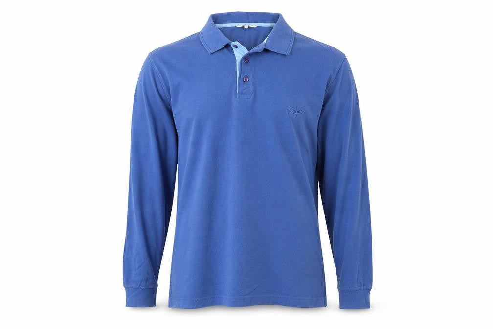 Front view of Cotton Traders Men's Blue Long Sleeve Polo Shirt, size S