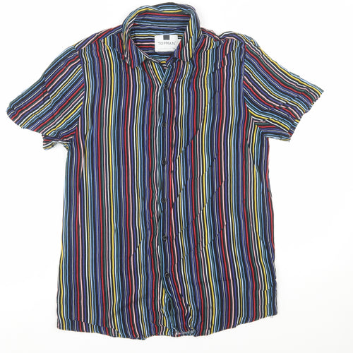 Topman Men's Multicoloured Striped Short Sleeve Button-Up Shirt Size M