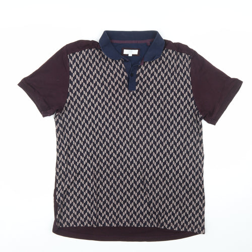 NEXT Men's Navy Burgundy Geometric Polo Shirt L Regular Fit 100% Cotton