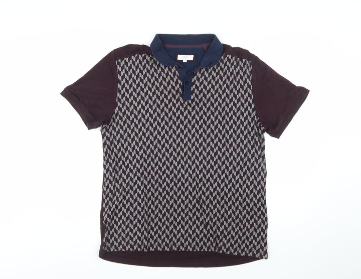 NEXT Men's Navy Burgundy Geometric Polo Shirt L Regular Fit 100% Cotton