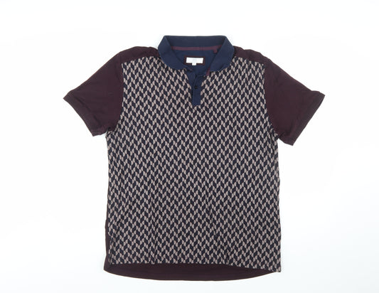 NEXT Men's Navy Burgundy Geometric Polo Shirt L Regular Fit 100% Cotton