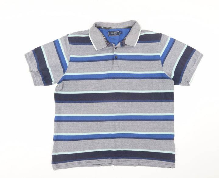 Maine New England Men's Blue Striped Cotton Polo Shirt L