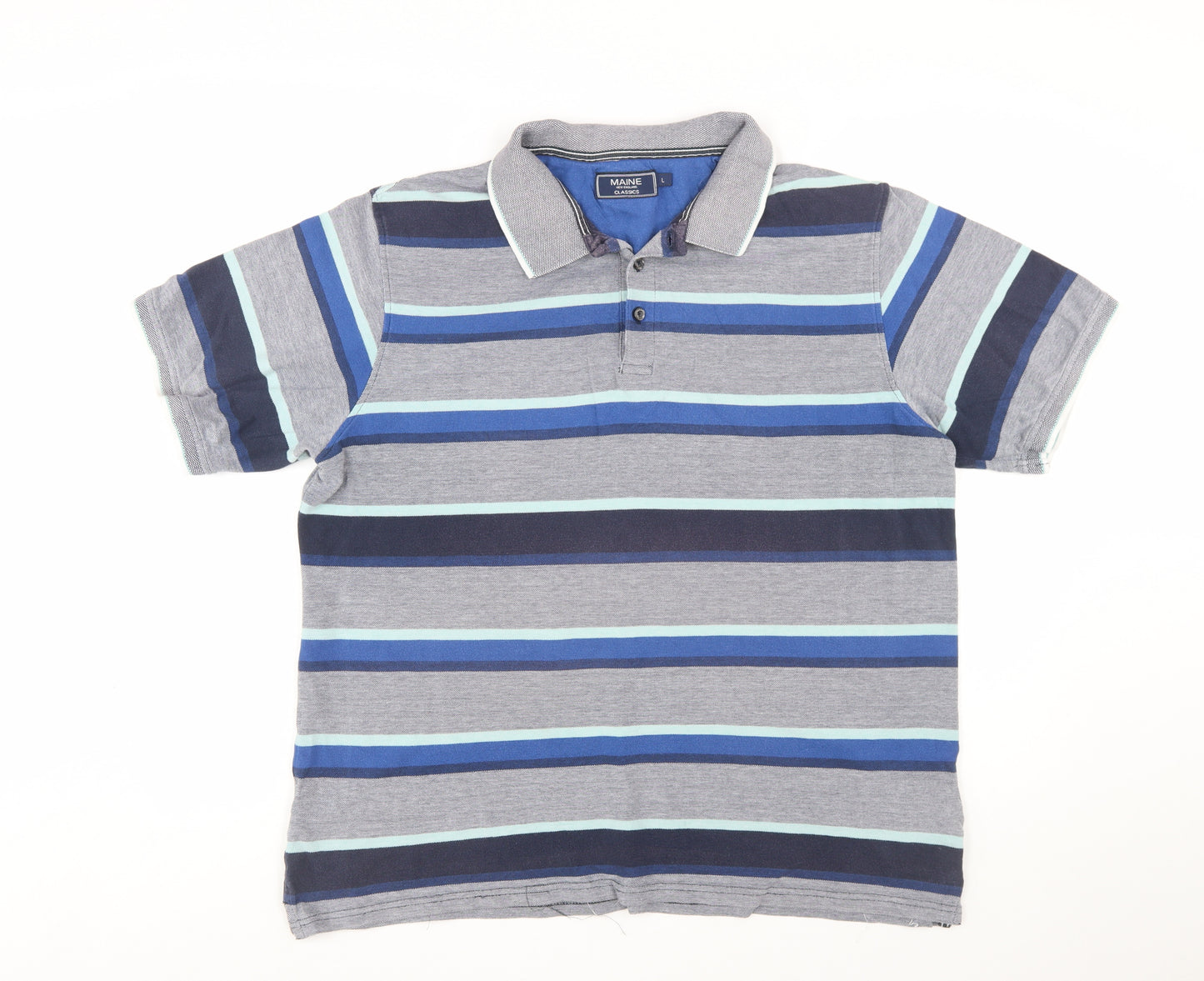 Maine New England Men's Blue Striped Cotton Polo Shirt L