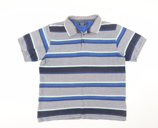 Maine New England Men's Blue Striped Cotton Polo Shirt L