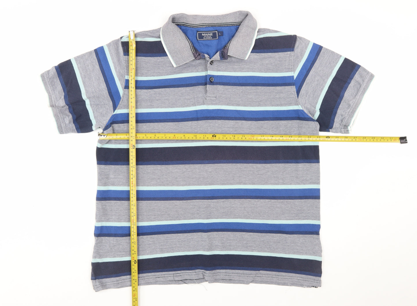 Maine New England Men's Blue Striped Cotton Polo Shirt L
