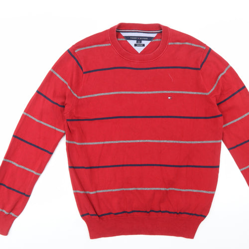 Tommy Hilfiger Men's Red Striped Cotton Crew Neck Jumper Size M