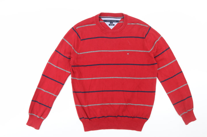 Tommy Hilfiger Men's Red Striped Cotton Crew Neck Jumper Size M