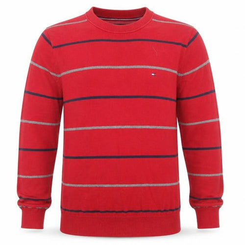 Tommy Hilfiger Men's Red Striped Cotton Crew Neck Jumper Size M