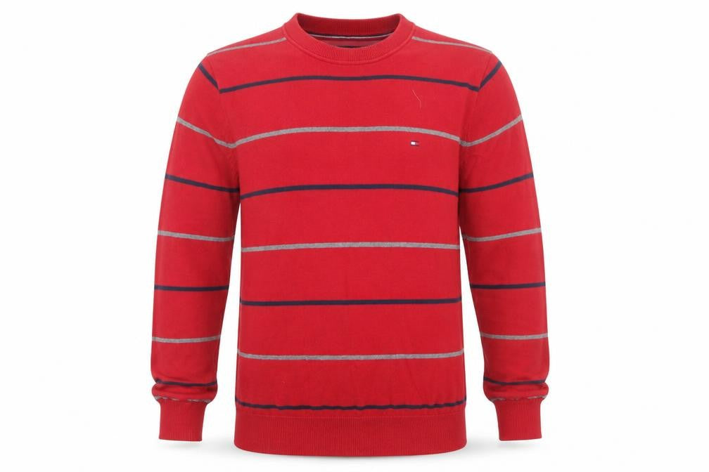 Tommy Hilfiger Men's Red Striped Cotton Crew Neck Jumper Size M