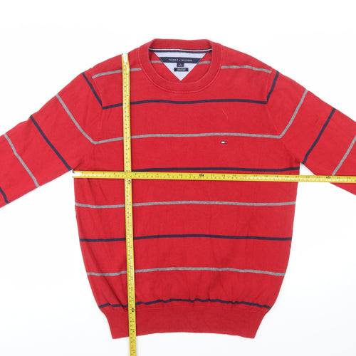 Tommy Hilfiger Men's Red Striped Cotton Crew Neck Jumper Size M