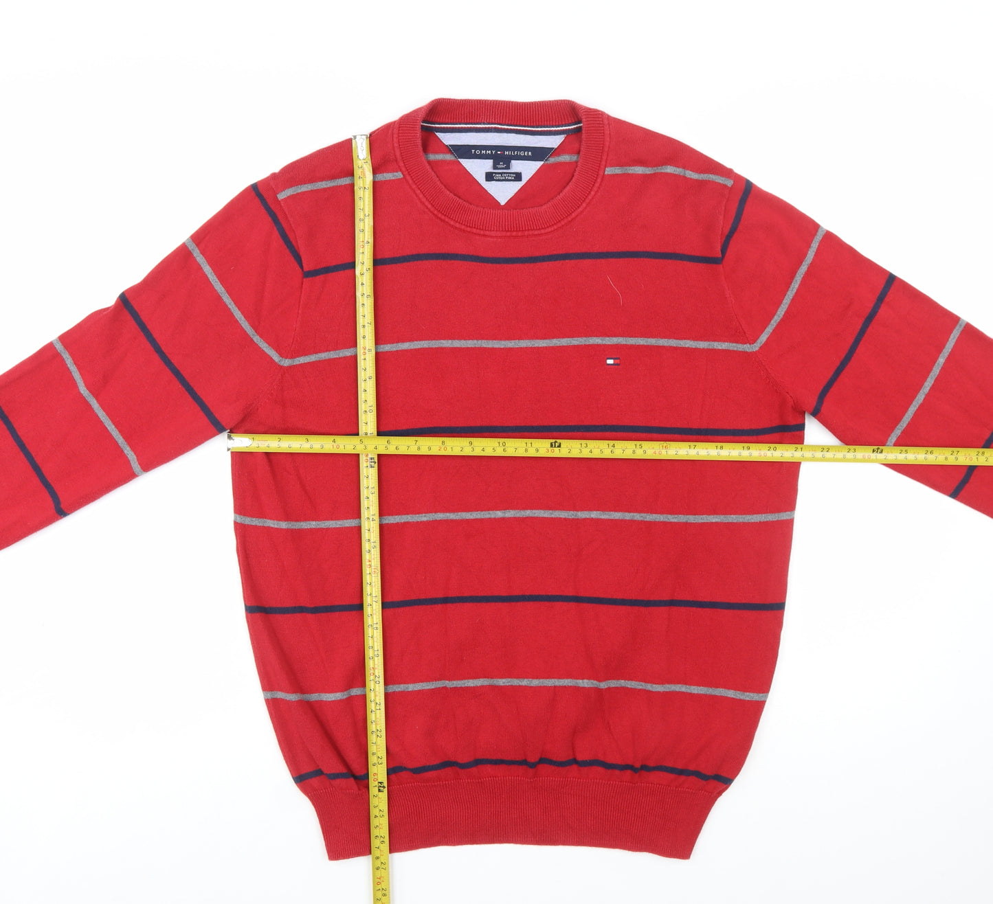Tommy Hilfiger Men's Red Striped Cotton Crew Neck Jumper Size M