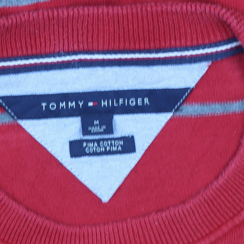 Tommy Hilfiger Men's Red Striped Cotton Crew Neck Jumper Size M