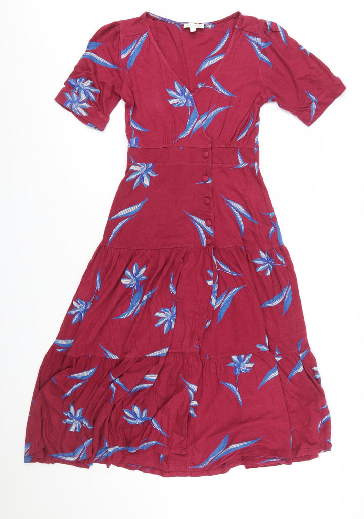 Monsoon Women Red Floral Midi Fit & Flare Dress Size S