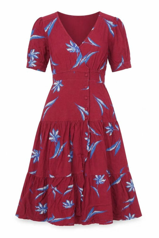 Front view of Monsoon Women Red Floral Midi Fit & Flare Dress, size S