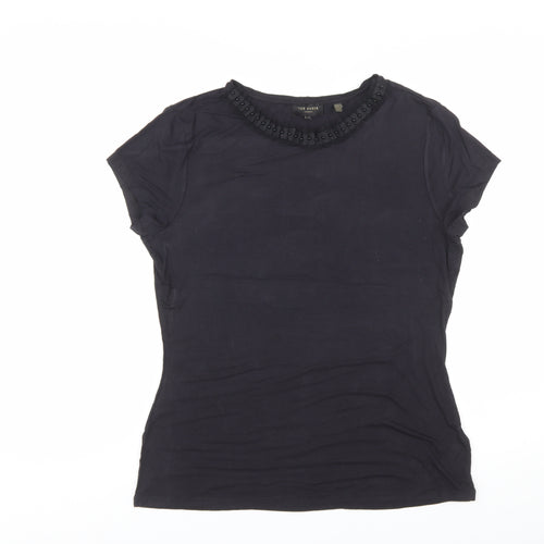 Ted Baker Women's Black Beaded Crew Neck Short Sleeve Top Size 14
