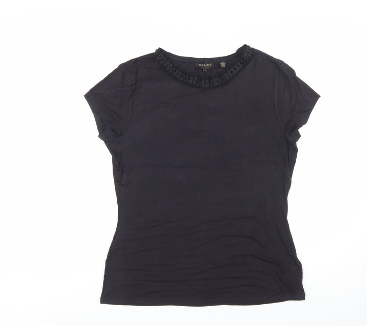 Ted Baker Women's Black Beaded Crew Neck Short Sleeve Top Size 14