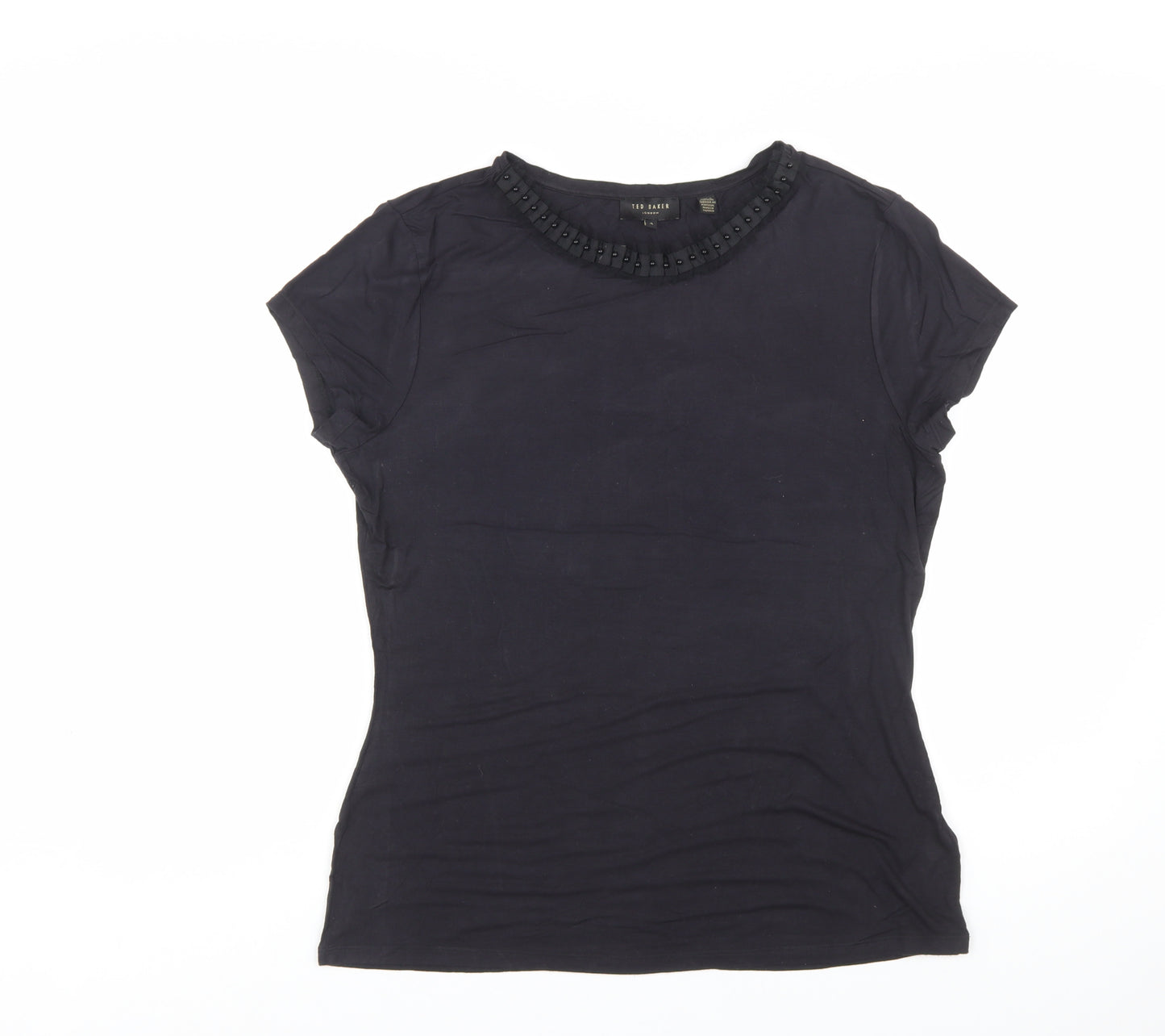 Ted Baker Women's Black Beaded Crew Neck Short Sleeve Top Size 14