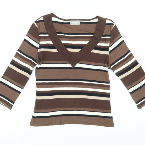 Wallis Women’s Brown Striped 3/4 Sleeve V-Neck Cotton T-Shirt Size 12