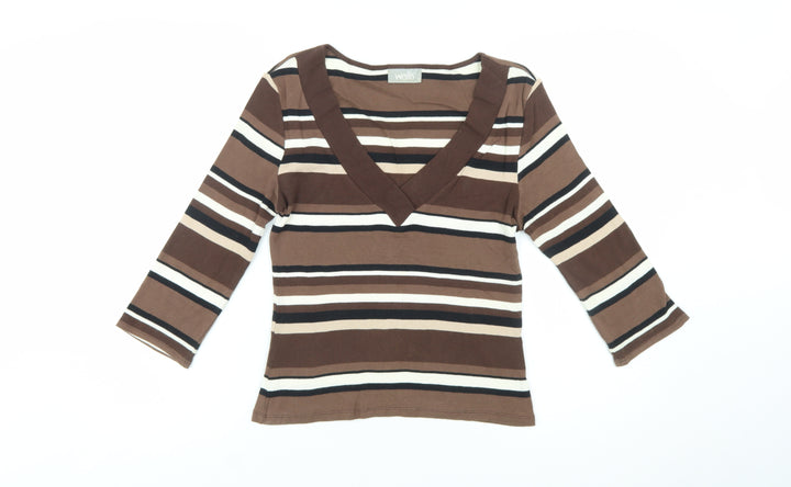 Wallis Women’s Brown Striped 3/4 Sleeve V-Neck Cotton T-Shirt Size 12