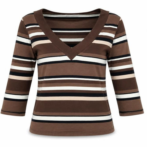 Wallis Women’s Brown Striped 3/4 Sleeve V-Neck Cotton T-Shirt Size 12