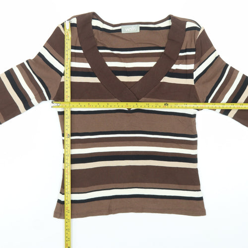 Wallis Women’s Brown Striped 3/4 Sleeve V-Neck Cotton T-Shirt Size 12