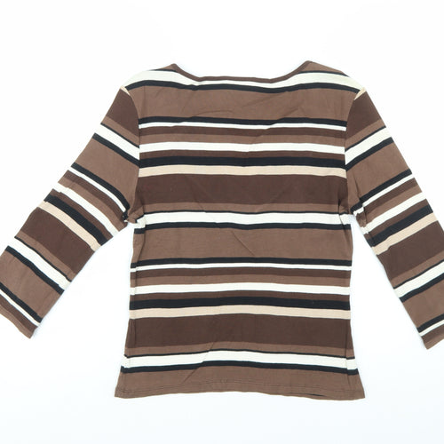 Wallis Women’s Brown Striped 3/4 Sleeve V-Neck Cotton T-Shirt Size 12
