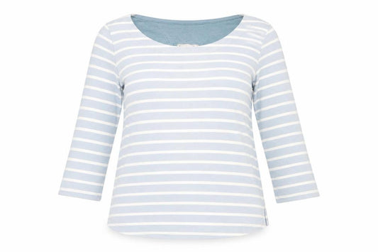 Front view of Mistral Women's Blue Striped 3/4 Sleeve Cotton T-Shirt, size 12