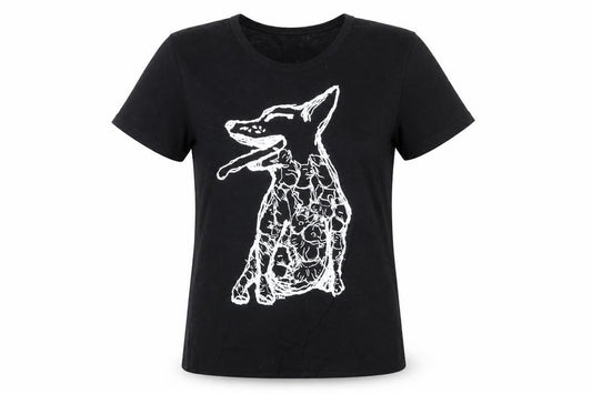 Front view of Inkast Women's Black Dog Print Cotton T-Shirt Medium