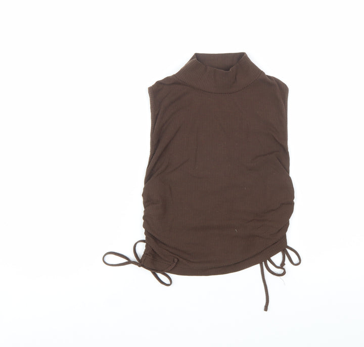 Zara Women Brown Mock Neck Sleeveless Ribbed Camisole Top Size 12