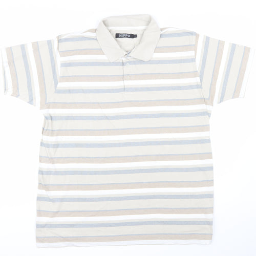 HiPPO Men's Beige Striped Cotton Polo Shirt Size L Short Sleeve