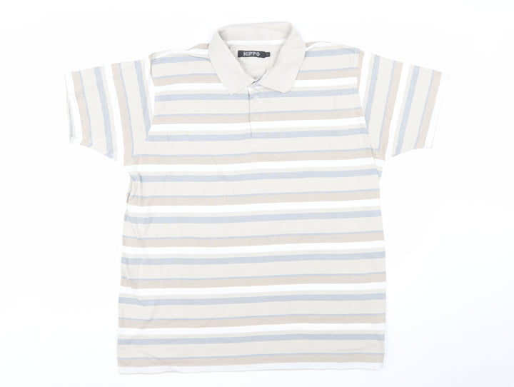 HiPPO Men's Beige Striped Cotton Polo Shirt Size L Short Sleeve