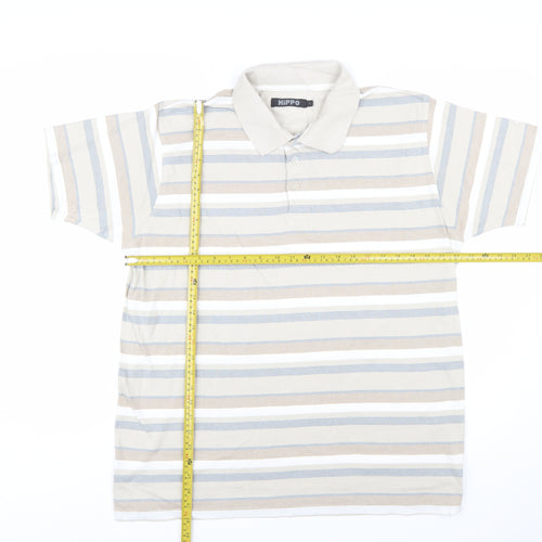 HiPPO Men's Beige Striped Cotton Polo Shirt Size L Short Sleeve