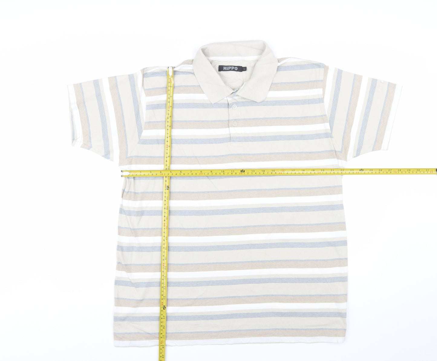HiPPO Men's Beige Striped Cotton Polo Shirt Size L Short Sleeve