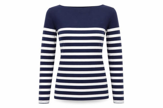Front view of Oasis Women’s Blue White Striped Boat Neck Long Sleeve T-Shirt XS