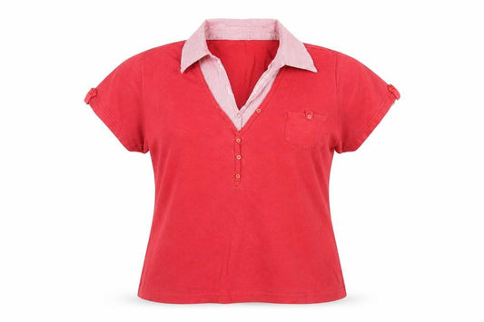 Front view of Maine New England Women Red Cotton Collared Polo Shirt, size 14
