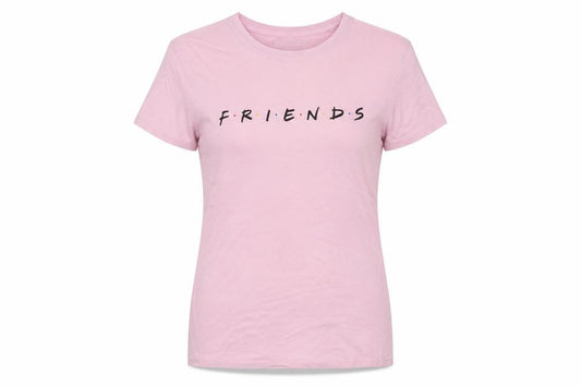 Front view of New Look women’s pink friends t-shirt, size UK 8, short sleeve cotton top