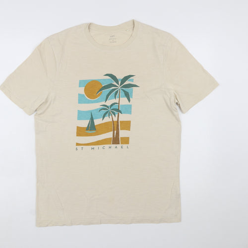 Marks and Spencer Men’s Beige Graphic Palm Beach Cotton T-Shirt Size M