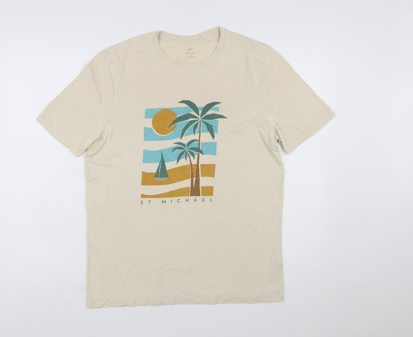 Marks and Spencer Men’s Beige Graphic Palm Beach Cotton T-Shirt Size M