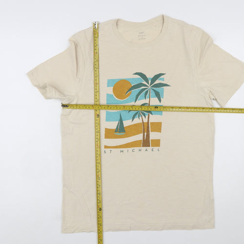 Marks and Spencer Men’s Beige Graphic Palm Beach Cotton T-Shirt Size M