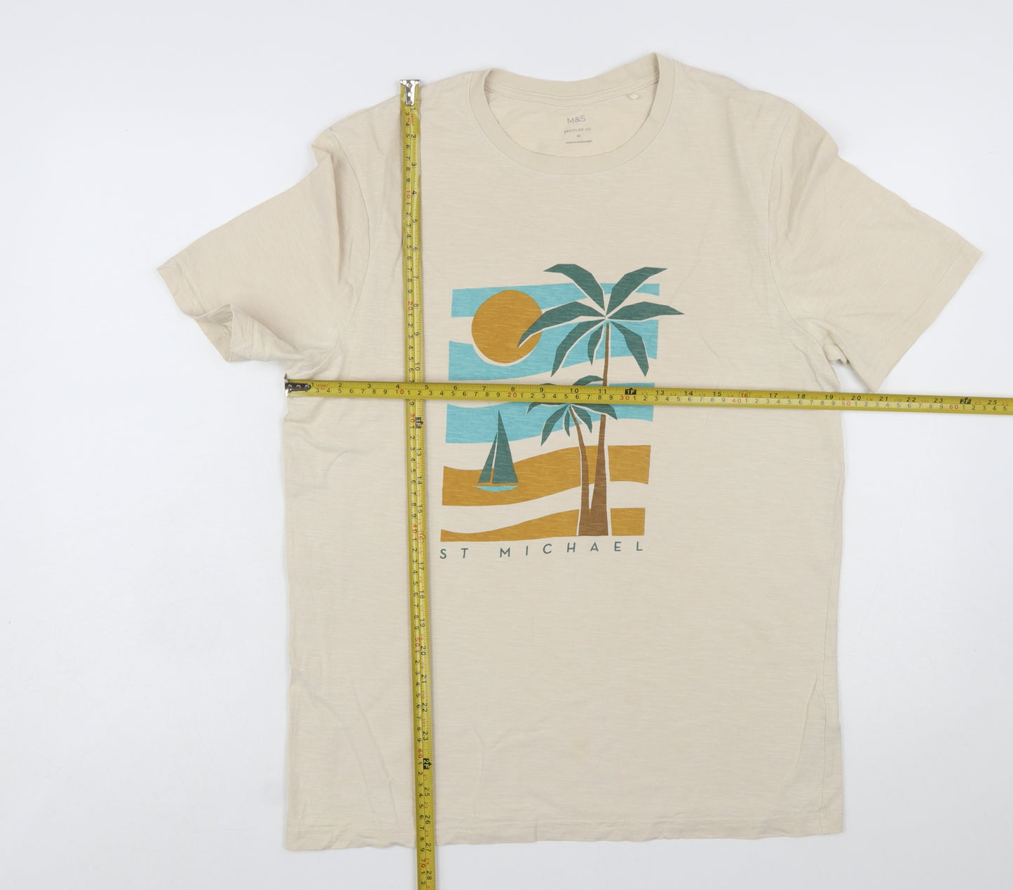 Marks and Spencer Men’s Beige Graphic Palm Beach Cotton T-Shirt Size M