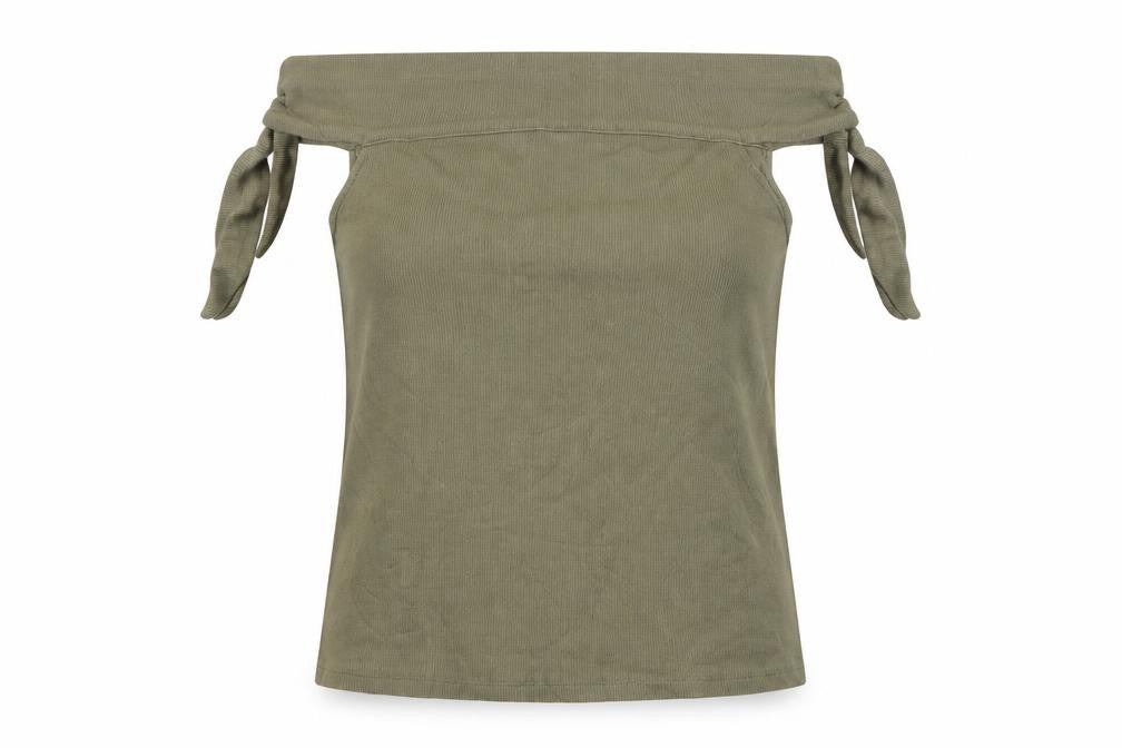 Front view of Mango Women’s Green Off Shoulder Tie Strap Slim Fit Top, size UK 8