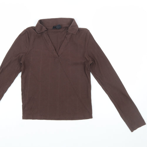 New Look Women's Brown Ribbed Collared Long Sleeve Slim Fit Top UK 10