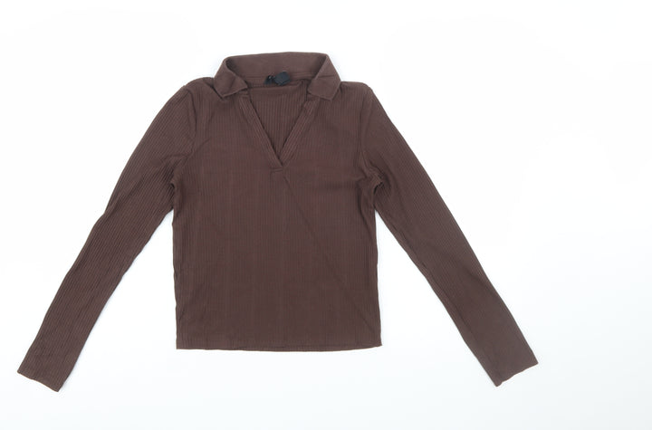 New Look Women's Brown Ribbed Collared Long Sleeve Slim Fit Top UK 10