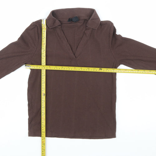 New Look Women's Brown Ribbed Collared Long Sleeve Slim Fit Top UK 10