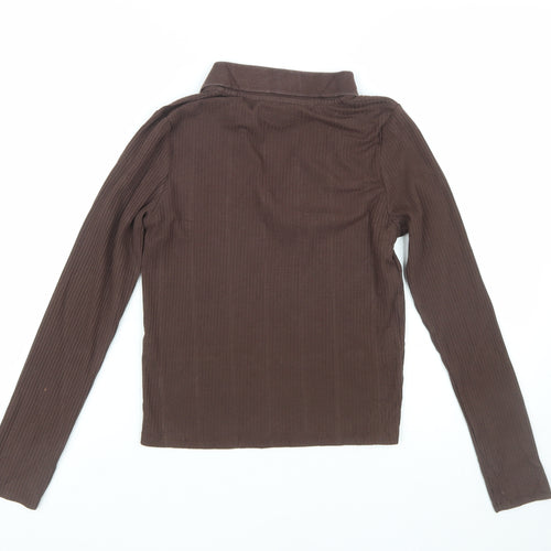 New Look Women's Brown Ribbed Collared Long Sleeve Slim Fit Top UK 10