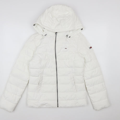 Tommy Jeans Women's White Puffer Jacket Hooded Short Size S