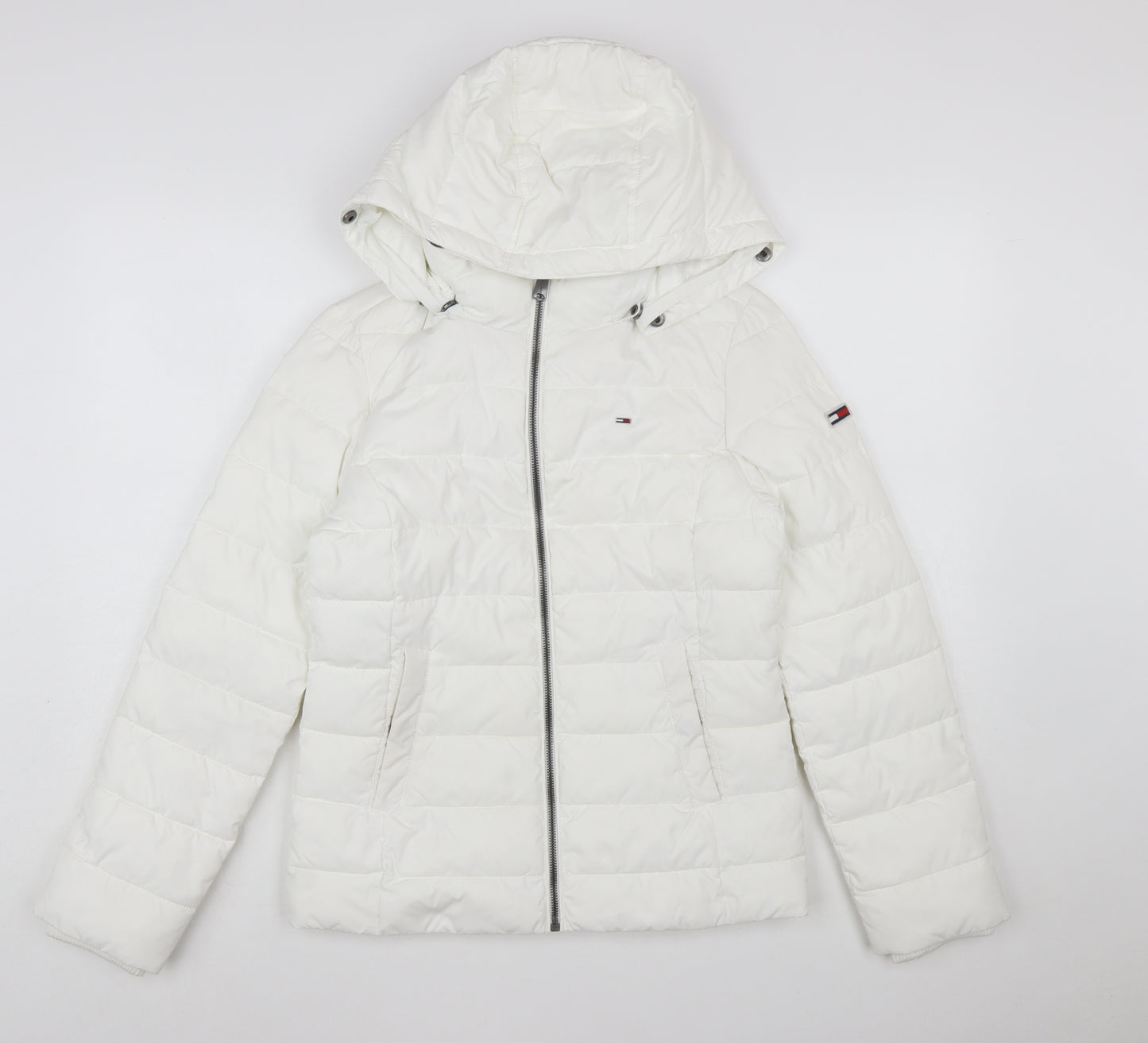 Tommy Jeans Women's White Puffer Jacket Hooded Short Size S