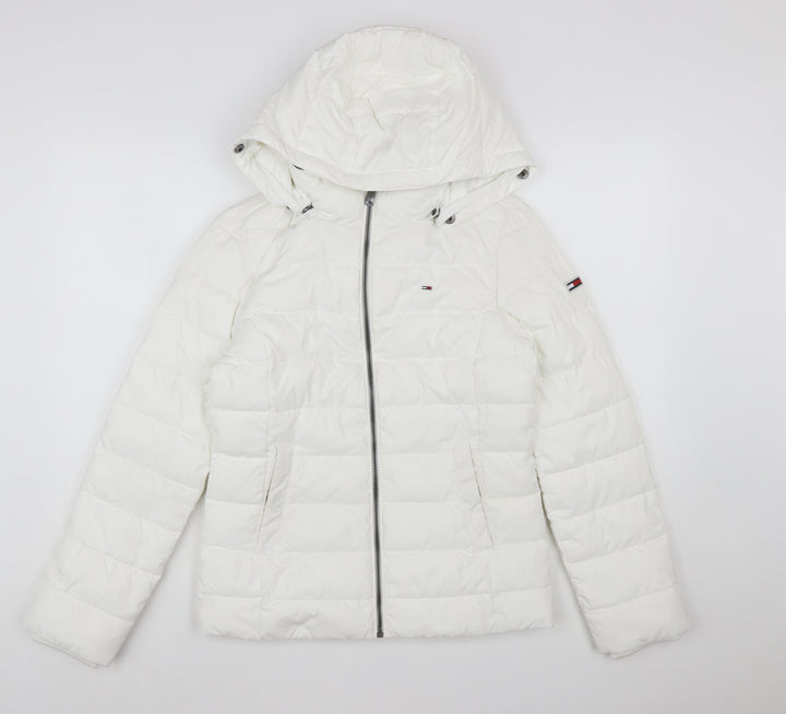 Tommy Jeans Women's White Puffer Jacket Hooded Short Size S
