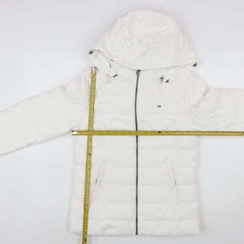 Tommy Jeans Women's White Puffer Jacket Hooded Short Size S
